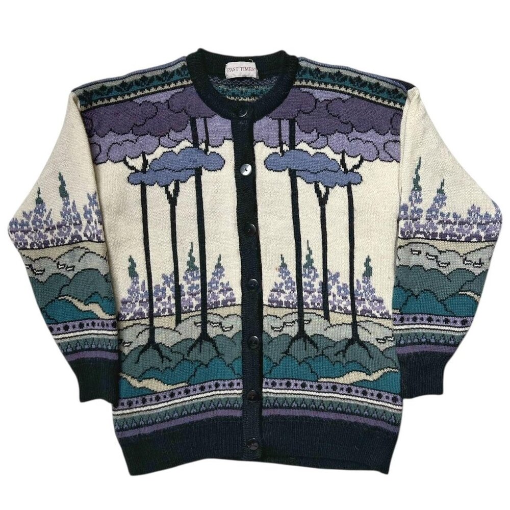 90s Vintage wool forest cardigan sweater Past Times UK trees nature pattern.